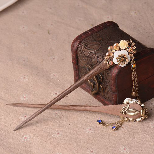 Women Long Wood Vintage Hair Stick Pick Fork Hairpin - Crystal Rhinestone Handmade Hair Accessories Jewelry - Hair Chopsticks