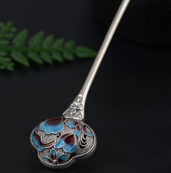 Hot sell 100% S925 sterling silver antique style beautiful pure silver burning blue hairpin gift