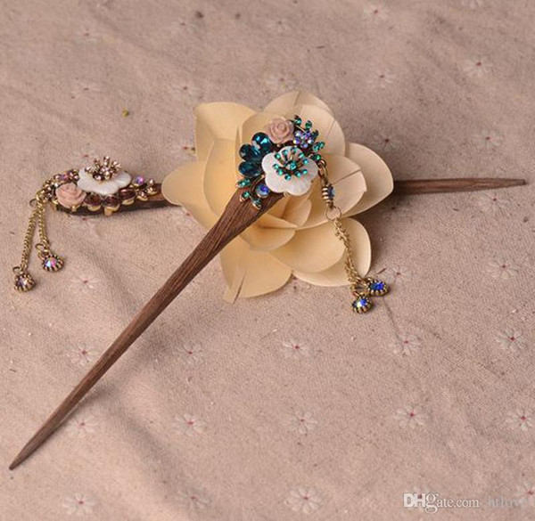 Women Long Wood Vintage Hair Stick Pick Fork Hairpin - Crystal Rhinestone Handmade Hair Accessories Jewelry - Hair Chopsticks