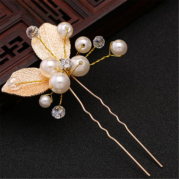 Handmade Wedding Hair Pins Bridal Accessories Pearl Gold Leaf Crystal Hairpin Clips Comb