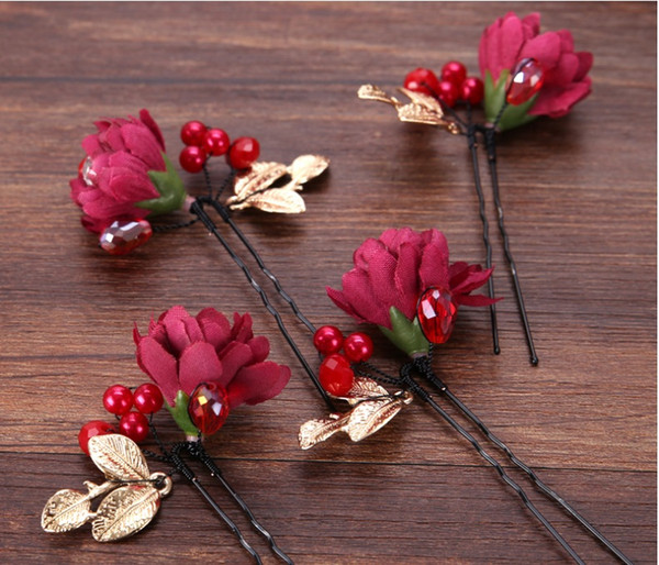 Red flower bridal cloth art handcrafted hairpin headdress accessories