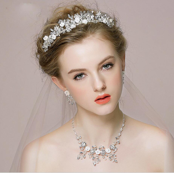 Fashion feminine jewelry Sets Rhinestone Earring Crystal Pearl Diamante Necklace Crown Set Wedding Tiaras And Crowns