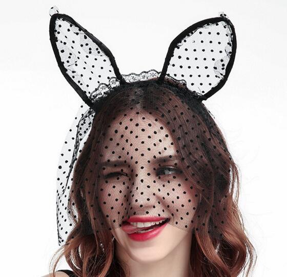 Cross-border new party cat headbands lace dot cat ears hair band veils Halloween headwear wholesale