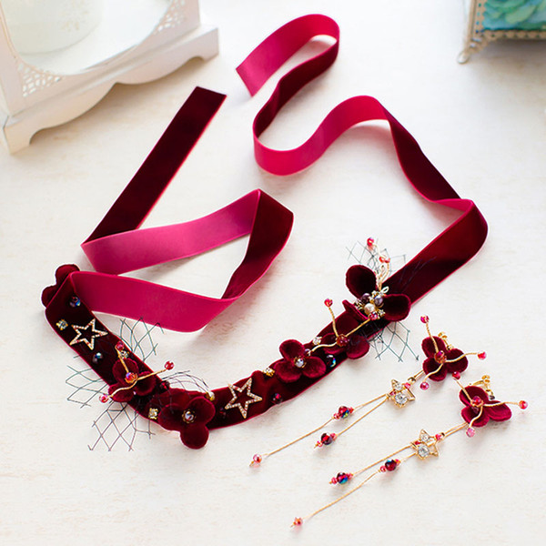 Fashion Claret Velvet Satin Lady Hairbands Bride Weeding Hair Jewelry Wedding Photo Headbands Earring Jewelry Accessories