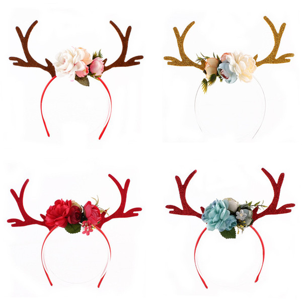 INS Fashion Elk Christmas Flower Antlers Ears Headband DIY Cute Deer HairBand Baby Girls Kids Hair Accessories