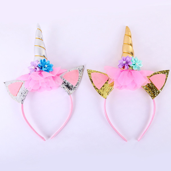 Glitter Unicorn Flower Headband Girls Adult Chiffon Flowers Hairband For Kids leaf flower Unicorn Horn Party Hair Accessories