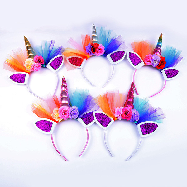 Unicorn Lace Hairband Kids Unicorn Headband for Party DIY Hair Accessories Flower Lace Hair Clasp Cosplay Crown Baby Headband Cat Ears