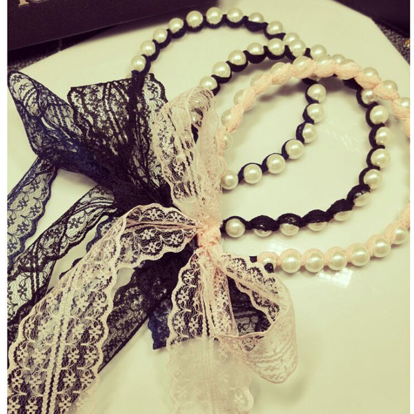 Black Pink Lace Pearl Bowknot Headband with Long Ribbons Head Hoop Band Accessories Women Headdress Headwears