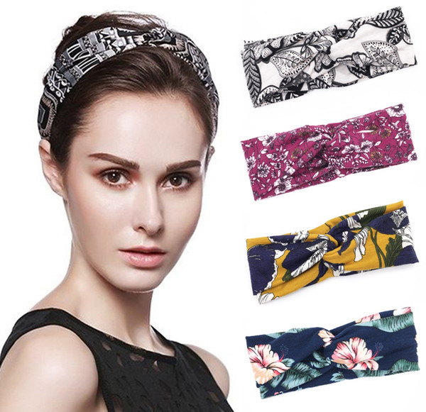 Women Cross Headbands Hair Accesorries Head band Floral Print flower cloth Satin fabric Hairbands Elastic Cross headwraps Free ship