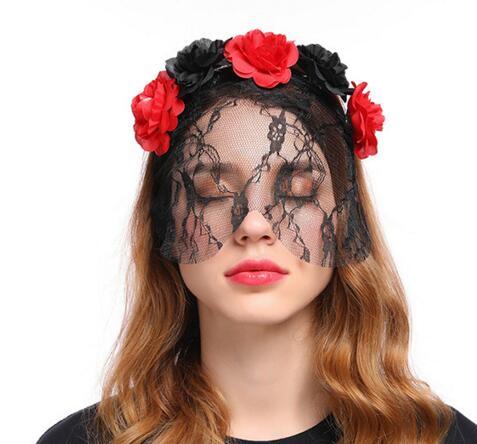 European and American new rose flower lace veil headdress Halloween queen retro party headband wholesale