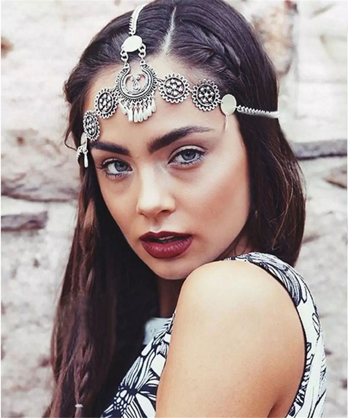 Bohemian vintage style silver metal hollow out flower headpiece headband ethnic head chain headwear hair jewelry