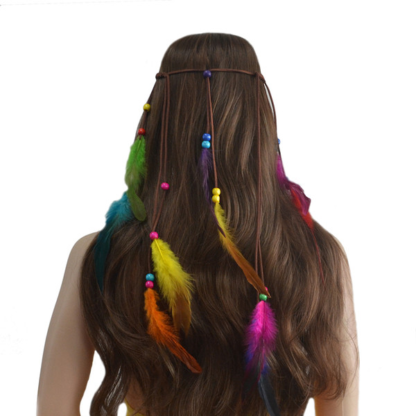 idealway New Fashion Handmade Wood Beads Ethnic Gypsy Rope Feather Hairbands Women Boho Hairband Hair Accessory