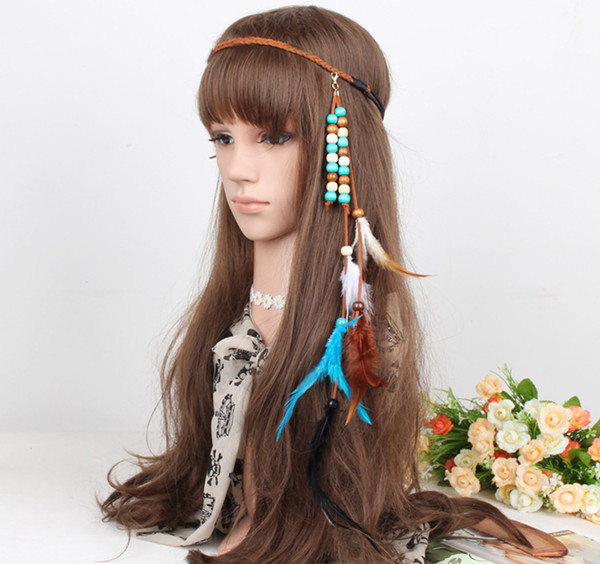 idealway Handmade Ethnic Tribal Gypsy Rope Wood Beads Feather Tassels Hairband Hair Clip For Women Jewelry