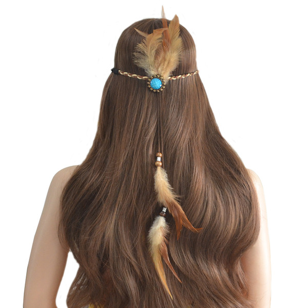 idealway Handmade Ethnic Rope Leather Brown Feather Headbands Wood Beads Boho Hair Accessories