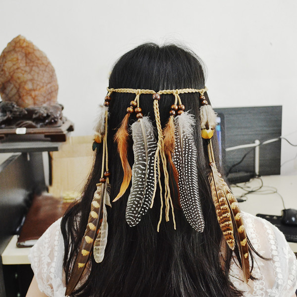 idealway Handmade Leather Rope Brown Feather Headbands Wood Beads Boho Hair Accessories Fashion Jewelry