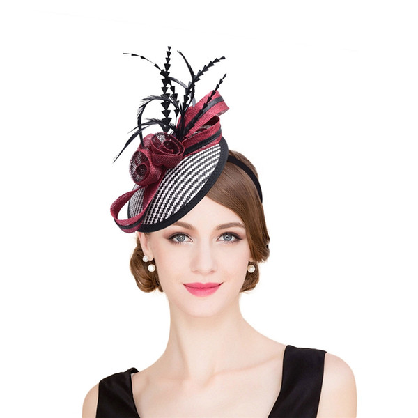 Womens Sinamay Raffia Base Fascinator Feather Cocktail Party Hat Wedding Church Dress Kentucky Derby Headbands T221