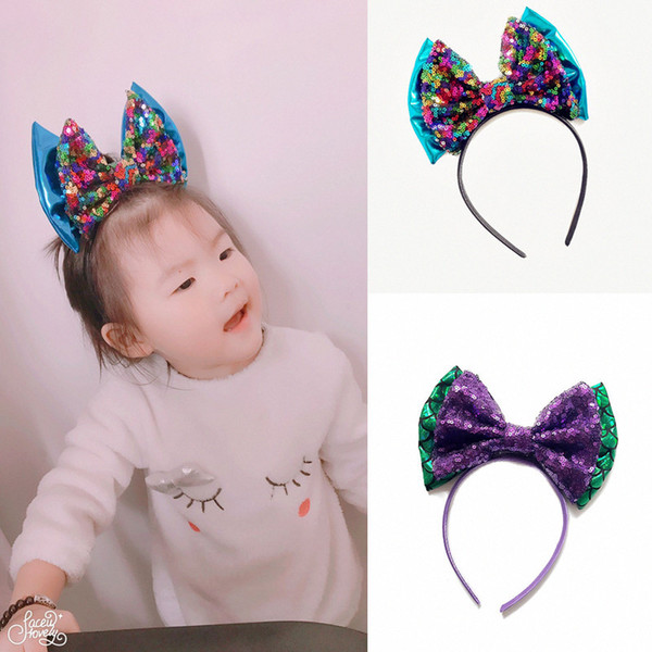 Free Shipping Baby Gold Sequin Bow Headband Toddler Nylon Headbands Glitter Hair Bows Baby Girl Cartoon Ears Birthday Party Supplies Hair Ac