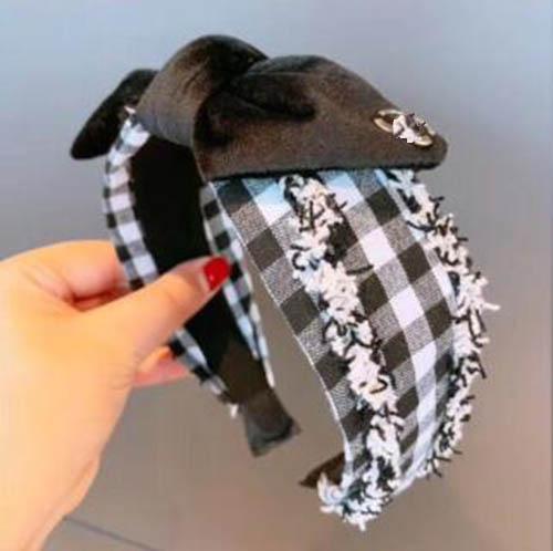 Hot New Fashion Grid Fabric Headband Handmade Black Bowknot Hair Band Double Layers Letters Hairband Women Girl Charm Hair Jewelry Accessory