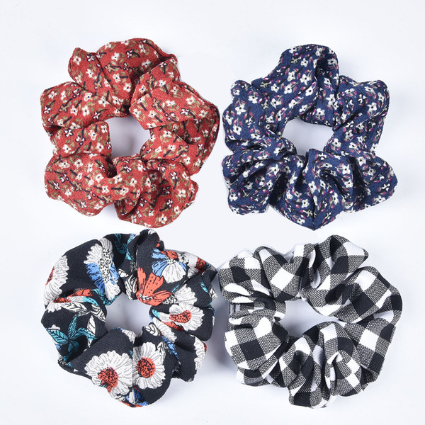 New Arrival Bohemian Chiffon Flora Printing Scrunchies Checked Hair Tie Elastic Ponytail Holder Femal Hair Accessories