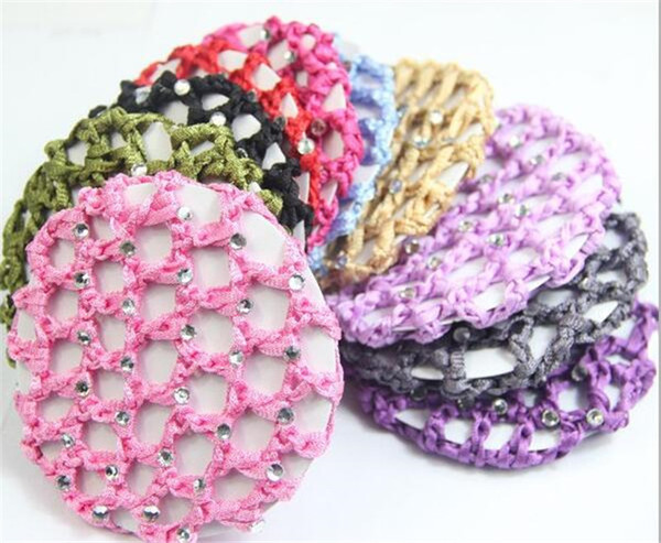 Bun Cover Snood Hair Net Ballet Dance Skating Crochet White Pearl rhinestones Tails Holder Beautiful Colors J091