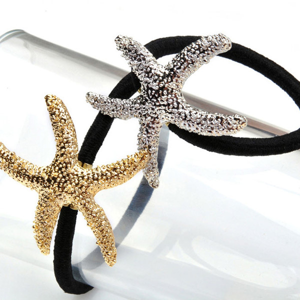 Fashion Starfish star Pony Tails Holder rubber bands cuff for women kids gold silver Five-pointed star Hair Jewelry head dress 170055