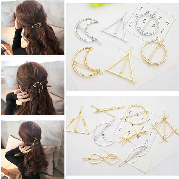 Hollow Geometric Metal Hairpin - Minimalist Dainty Gold Silver Circle Triangle Moon Hair Clip Clamps Bobby Pin Ponytail Holder