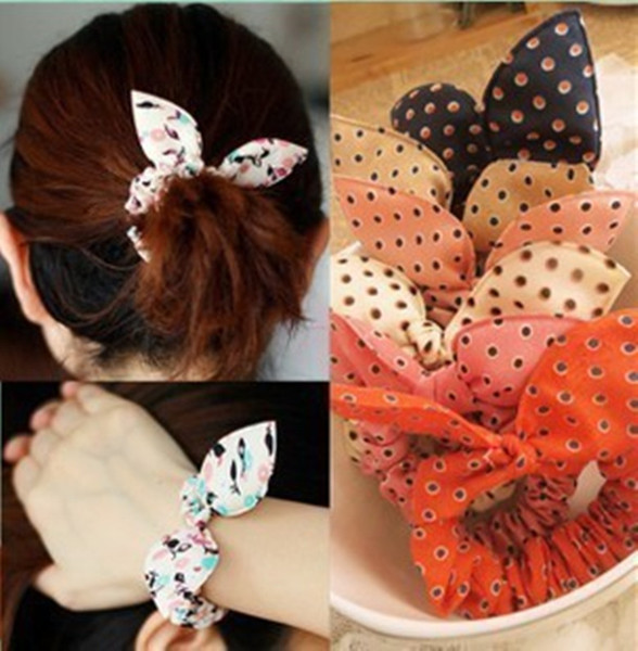 Cute Fashion Dot Rabbit Ear Pony tails holder hair band adult girls lovely design mix 50pcs /lot BA465