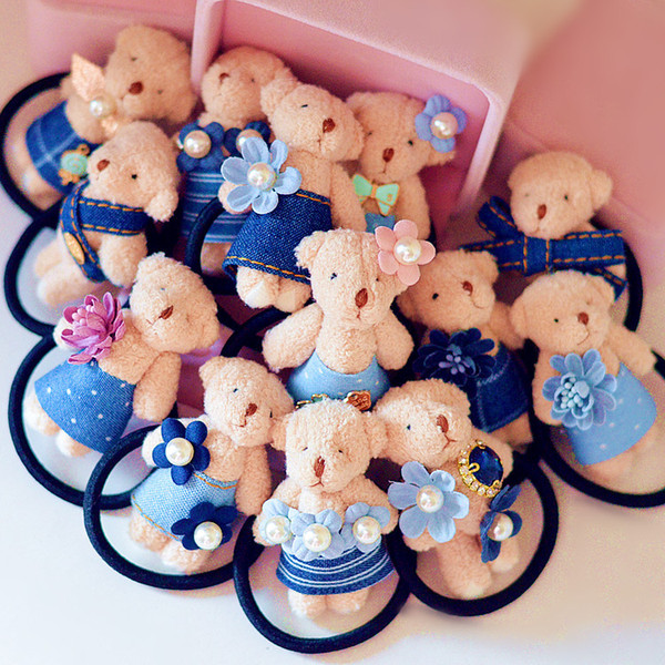 6pcs/lot Agood high quality blue jeans teddy bear hair rope rubber band for women kids pony tails holder hair accessories for girls