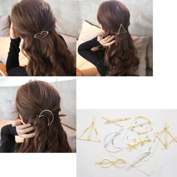 Metal Hair Clips - Gold Silver Color Metal Triangle Circle Moon Shape Hairpin For Women Girl - Fashion Hair Accessories