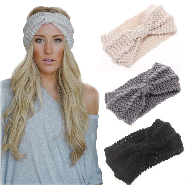 18 color Winter Warmer Ear Knitted Headband Turban for Lady Women Crochet Bow Wide Stretch Hairband Headwrap Hair Accessories