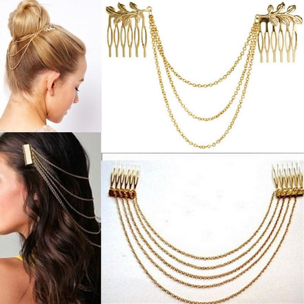 Women Hair Combs Metal Gold Silver Tassel Chain Ladies Headband Hair Accessories Clip Bridal Leaf Headwear Bijoux Drop Shipping