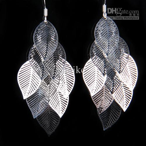 Wholesale Free shipping Fesh 925 Silver Earrings , Elegant Pretty Women's Mesh Leaf Dangle Earrings Jewelry 10Pair