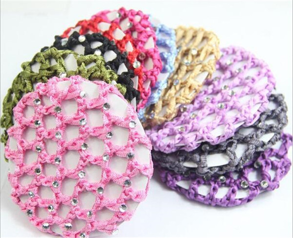 200pcs Bun Cover Snood Hair Net Ballet Dance Skating Crochet White Pearl rhinestones Tails Holder Beautiful Colors J091