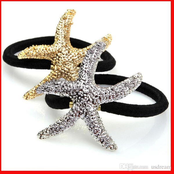 Fashion Starfish star Pony Tails Holder rubber bands cuff for women kids gold silver Five-pointed star Hair Jewelry head dress 170055