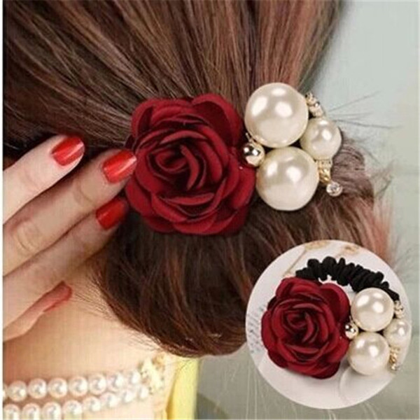 Big Rose Flower Scrunchie Ponytail Elastic Rope Rubbers Women Headwear Simulated Pearl Hair Bands Accessories Jewelry