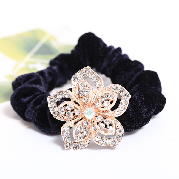 Korean fashion flowers crystal cloth velvet elastic hairband ornaments solid hair pony tails holder headdress