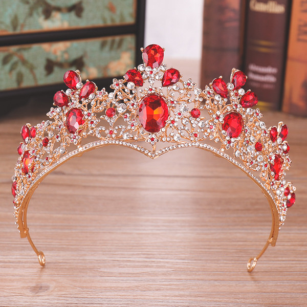 Baroque Gold Bridal Crown For Wedding Hair Accessories Red Green Crystal Crowns Tiaras Diadem Headbands