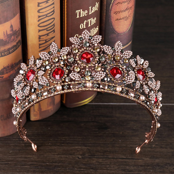 New Vintage Baroque Crown Red Crystal Bride's Tiaras Pearl Beads Queen Wedding Crown Royal Headband Tiaras