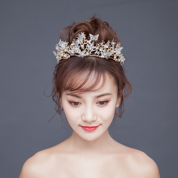 Butterfly Flower Crowns Bride's Tiaras Wedding Headdress Princess Bridal Pearl Crown Wedding Hair Accessories Diadem