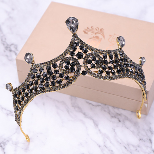 Gray Crystal Crown And Tiaras Women Baroque Head Ornaments Black Rhinestone Crown Gold Crystal Bride's Tiaras Headpieces