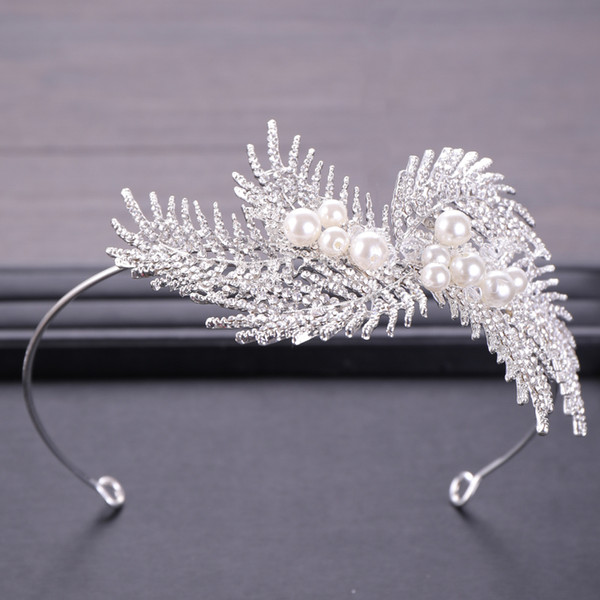 New Pearl Crown For Wedding Hair Ornaments Feather Bridal Tiaras With Pearl Women Hairbands Wedding Crown Headband Pearl Rhinestone