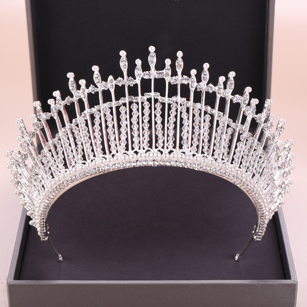 Baroque Queen Crown Wedding Hair Accessories Bridal Pearl Tiara Head Piece Silver Pearl and Crystal Tiara Nupcial Rhinestone