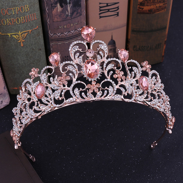 Baroque Luxury Pink Crystal Wedding Crown Queen Tiara Bride Crown Headband Bridal Hair Accessories Diadem Marriage Hair Ornament