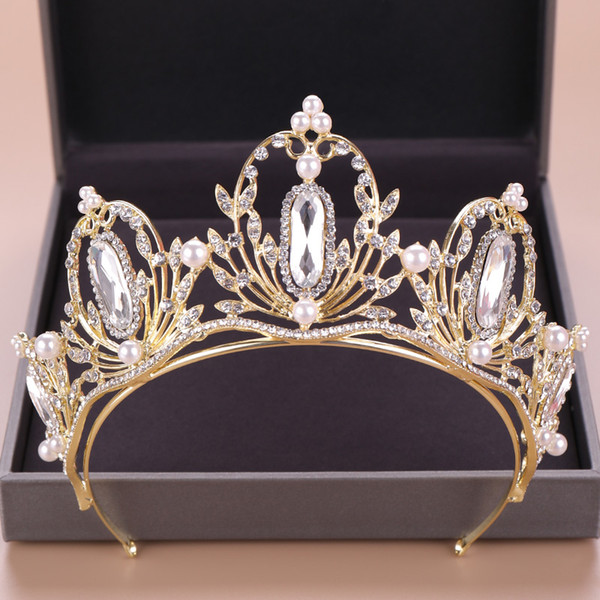 New Golden Crystal Tiara For Bride Hair Accessories Crystal Rhinestone Pearl Crown Wedding Head Jewelry Bridal Crown Accessories