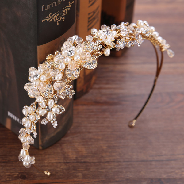 Vintage Gold Crystal Bride Tiara Crown High Quality Flower Pearl Rhinestones Hairbands For Wedding Hair Accessories Jewelry