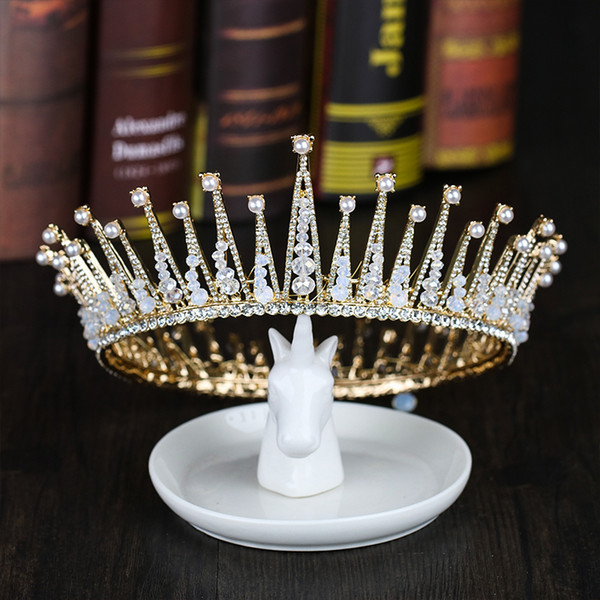 Vintage Baroque Pearl Queen King Bride Tiaras Crowns For Women Headdress Prom Bridal Wedding Hair Jewelry Accessories