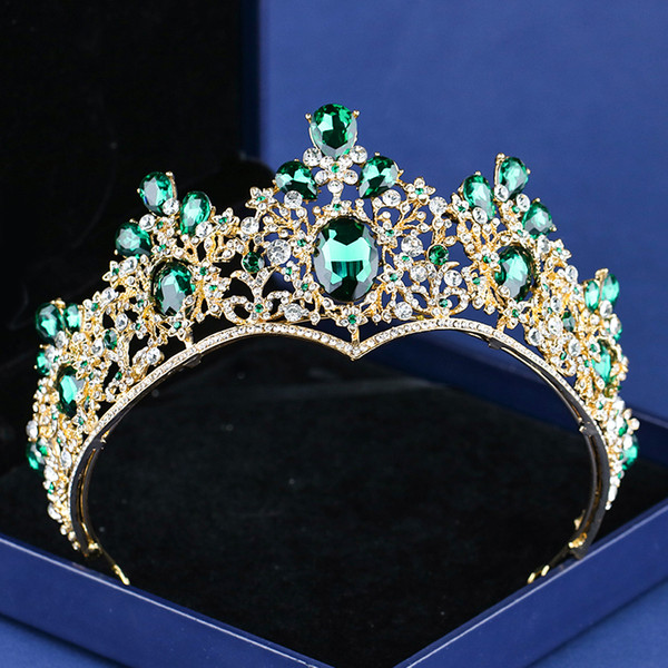 Baroque Vintage Gold Green Crystal Crown Wedding Tiara Rhinestone Pageant Prom Crowns Bride Headbands Women Hair Accessories