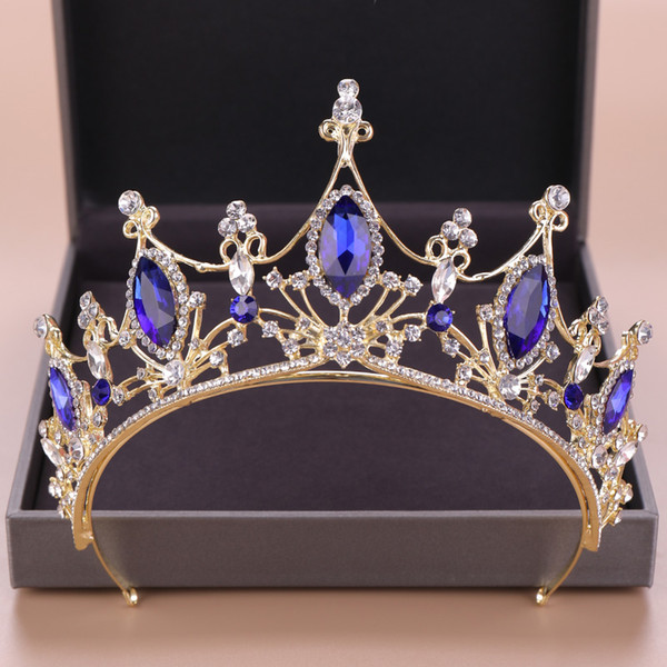 Blue Crystal Tiaras Wedding Headwear Gold Crown For Bride Head Accessories Queen Princess Pageant Crown Crystal Tiara Headband