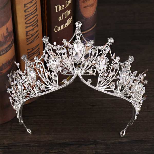 Luxury Vintage Silver Big Crown Baroque Crystal Crown Wedding Hair Ornaments Headbands Bride Tiaras And Crowns