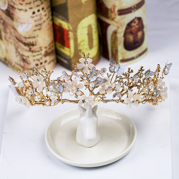 Newest Baroque Crown Hairband Butterfly Flower Tiaras Bride Accessories Crown Flowers Pearl Headdress Headbands